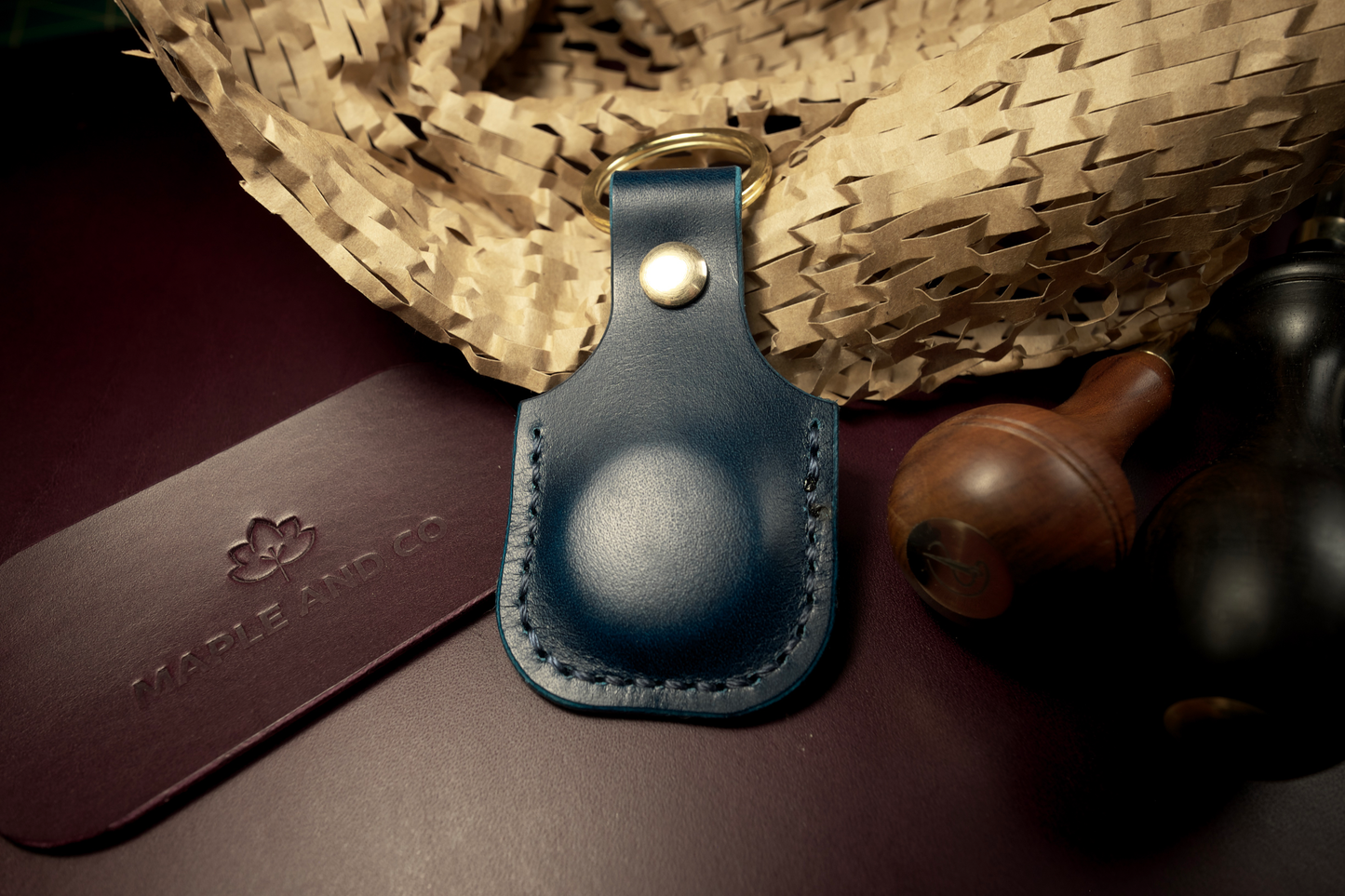 AirTag Keychain with Solid Brass Hardware, Full Grain Leather - Market