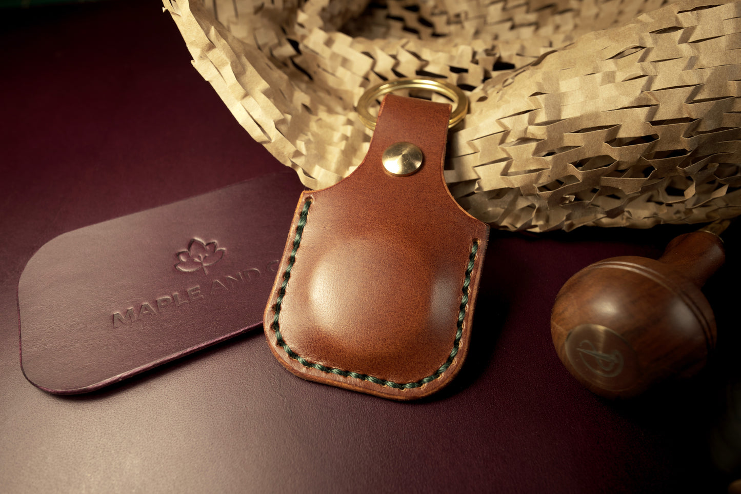 AirTag Keychain with Solid Brass Hardware, Full Grain Leather - Market